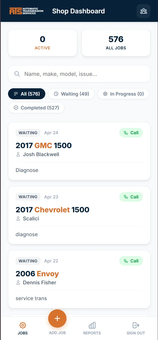 ATS Automatic Transmission Service dashboard view
